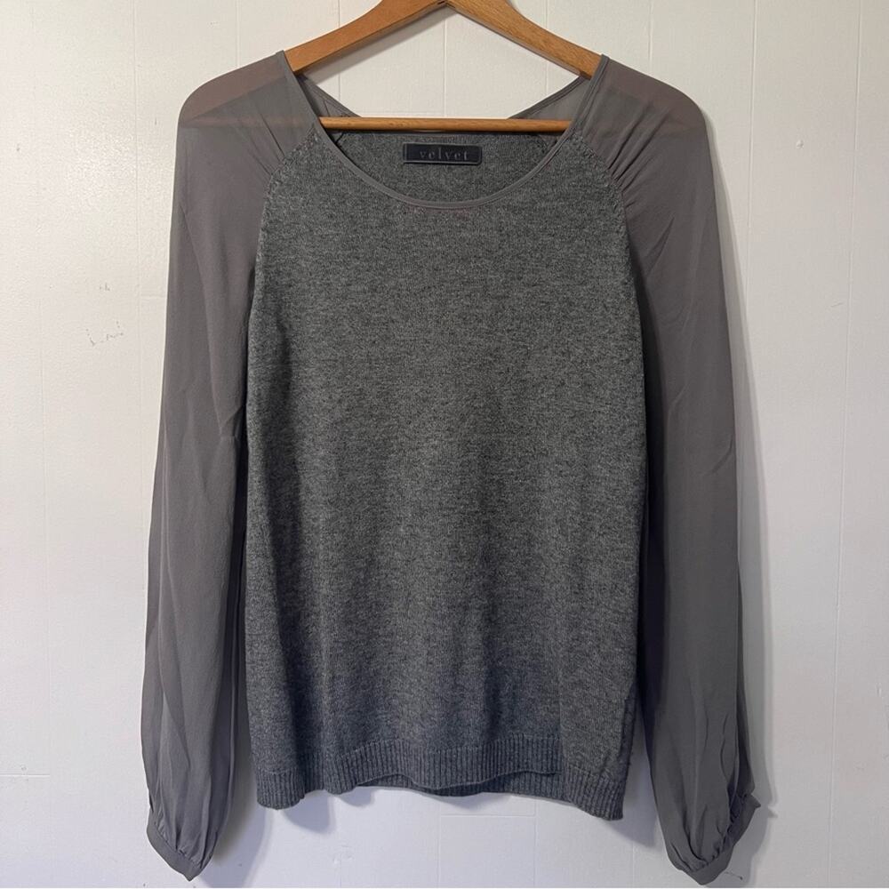VELVET Cashmere Silk Sheer Sleeve Contemporary Minimalist Preppy Sweater Size S